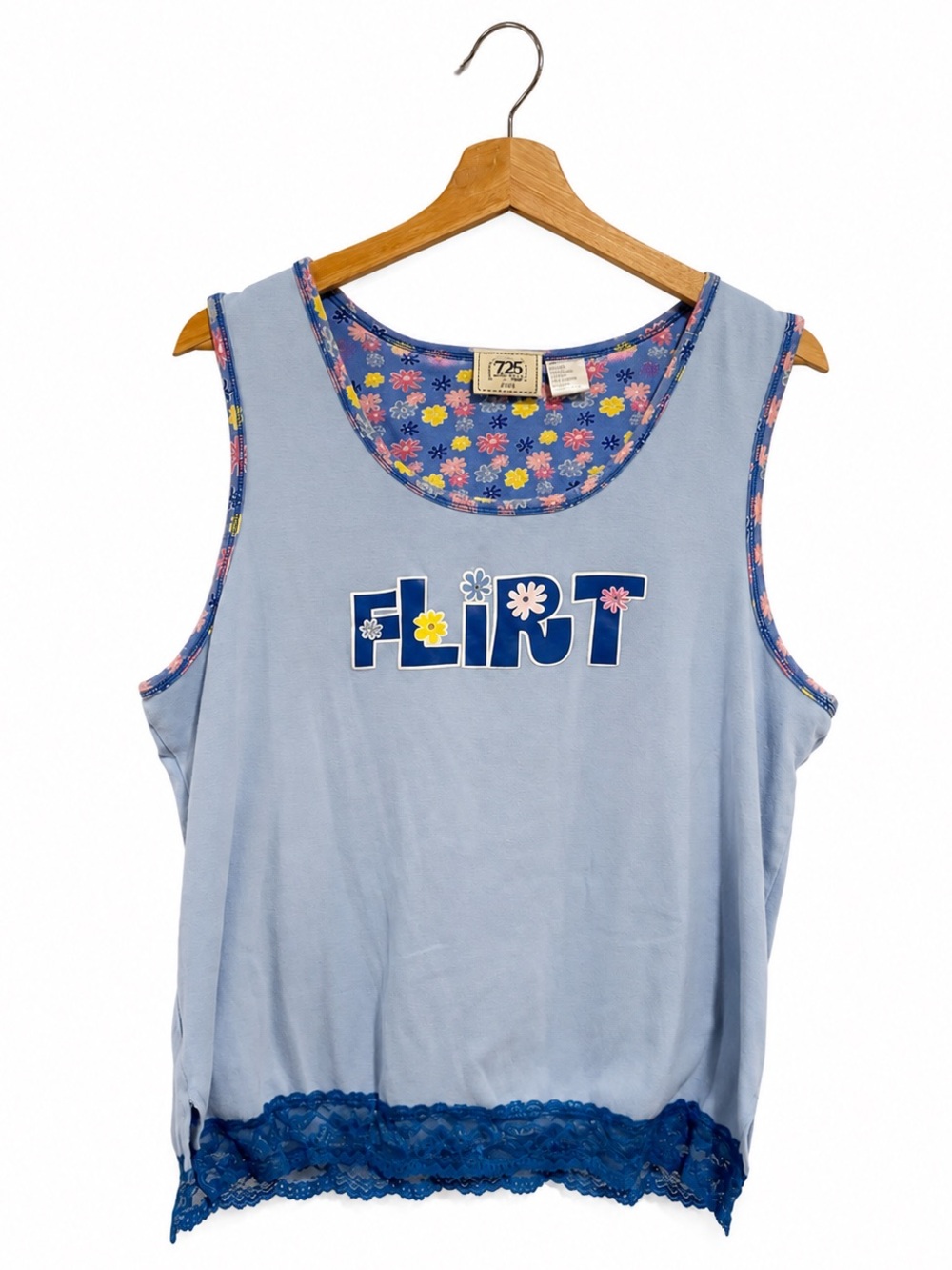 Y2K 725 Originals Blue FLIRT Graphic Tank Top Lace Hem Floral Trim Sleeveless